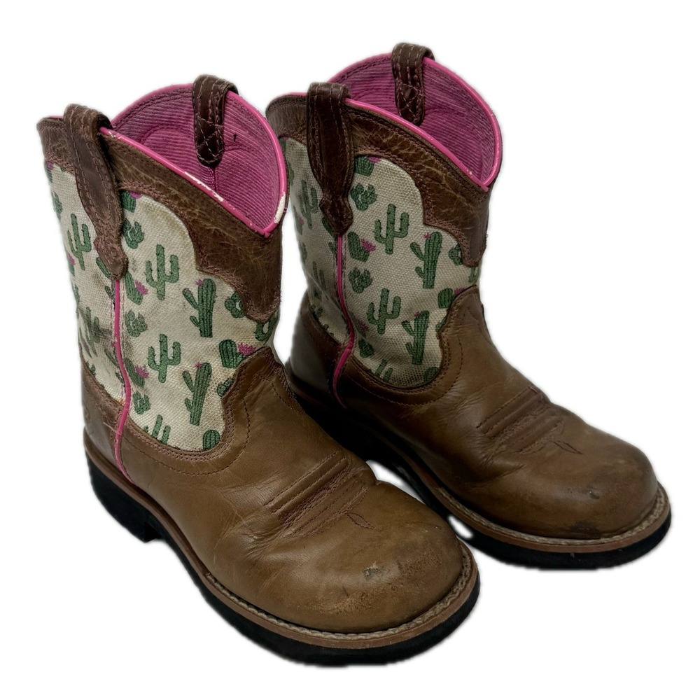 Ariat Kids Fatbaby Cactus Print Brown Leather Western Cowgirl Boots Size 12